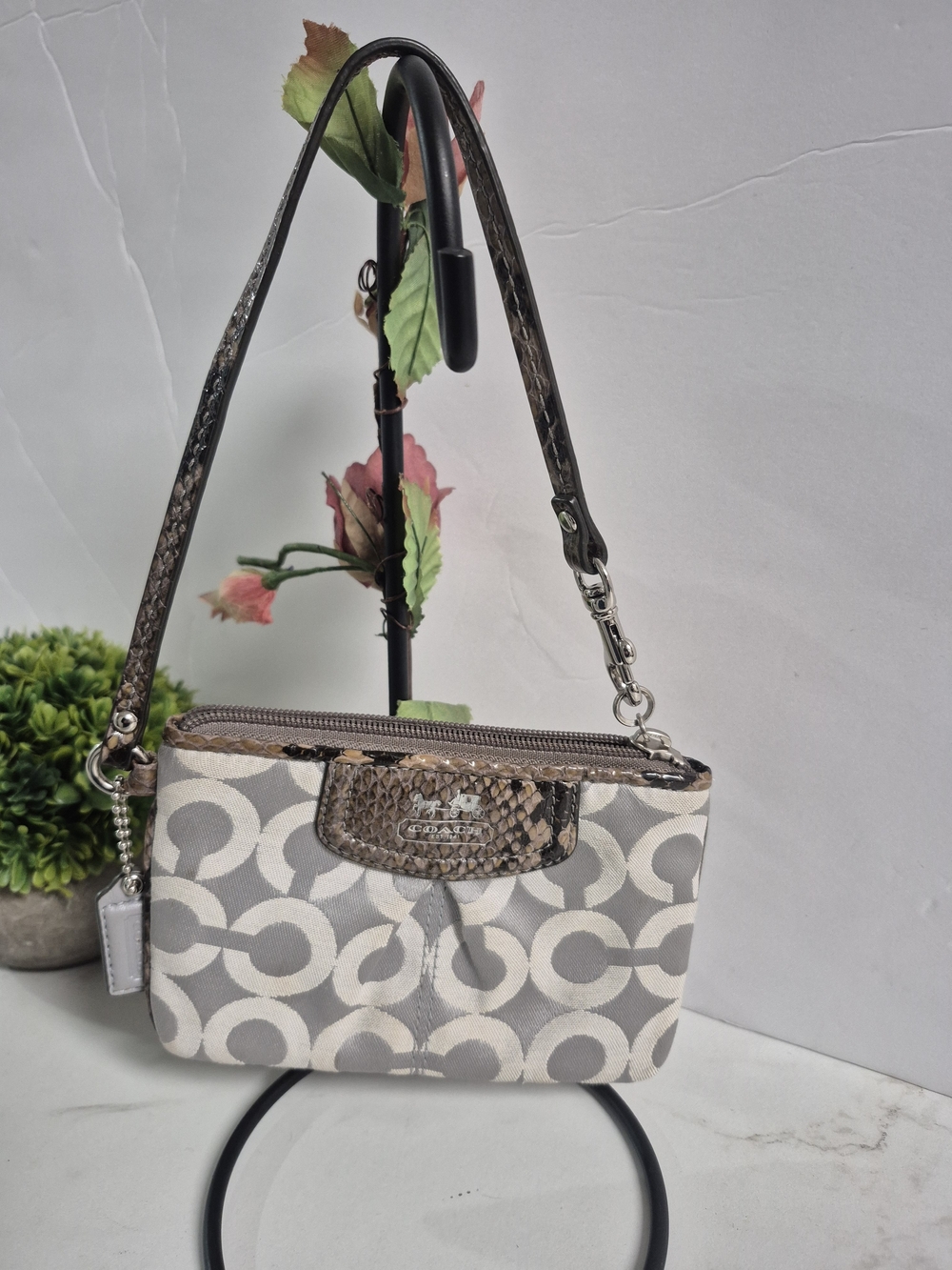 Coach Mini Wristlet in Gray and Brown Signature Snakeskin Trim